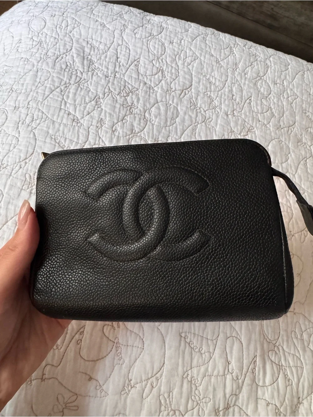 CHANEL Black Caviar Leather Cosmetic Pouch with CC Logo
